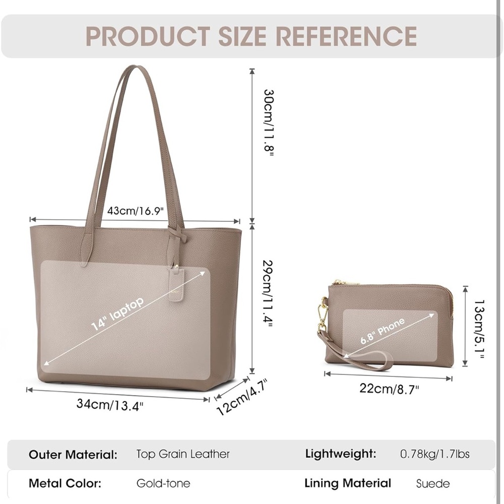 Kattee Leather Tote Bags for Women with Wristlet Mini Pouch Khaki NWT - Picture 2 of 12